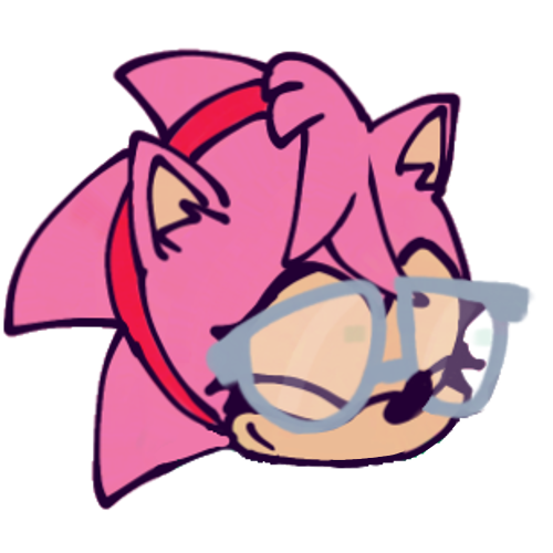 A drawing of Amy Rose from the Sonic the Hedgehog franchise’s head, depicted in her “classic” design where her quills stick out like Sonic’s. She is smiling with her eyes closed. Her appearance differs slightly from canon, as she is wearing a pair of silver, rounded square shaped eyeglasses, and her eyelashes are more spiky. Amy is a pink anthropomorphic hedgehog with a tan muzzle and inner ears, and three big spiky bangs on her forehead, wearing a red headband. 